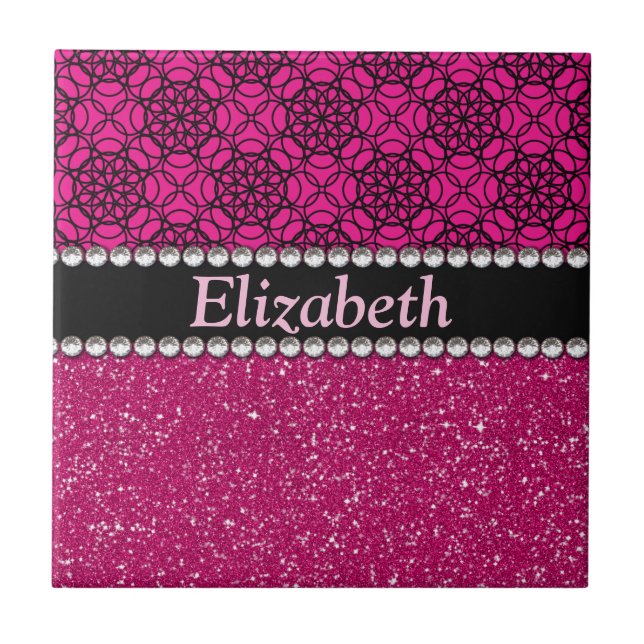 Glitter Pink and Black Pattern Rhinestones Ceramic Tile (Front)