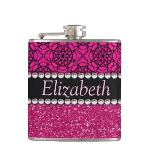 Glitter Pink and Black Pattern Rhinestones Hip Flask