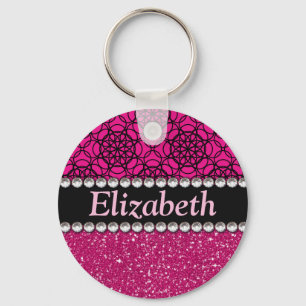 Glitter Pink and Black Pattern Rhinestones Key Ring