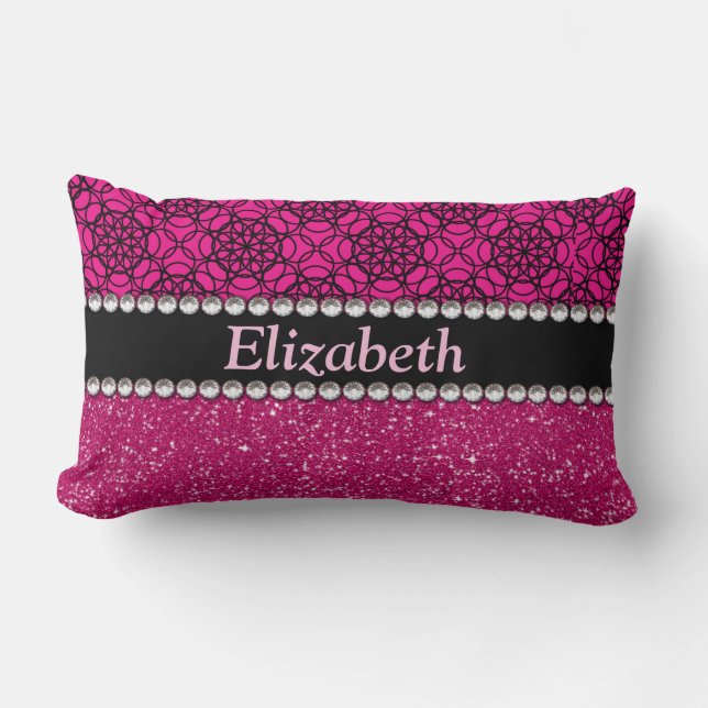 Glitter Pink and Black Pattern Rhinestones Lumbar Cushion (Front)