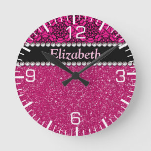 Glitter Pink and Black Pattern Rhinestones Round Clock