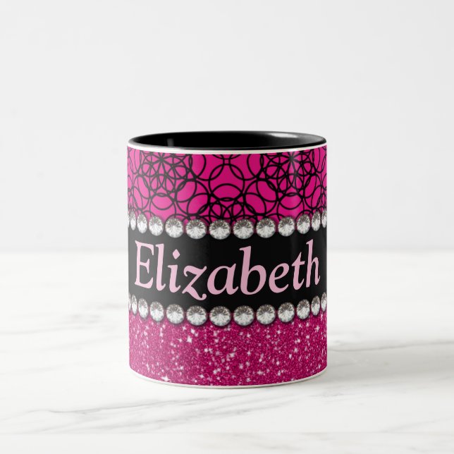 Glitter Pink and Black Pattern Rhinestones Two-Tone Coffee Mug (Center)