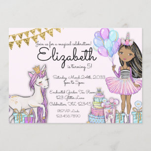 Glitter Pink Birthday African American Unicorn Invitation