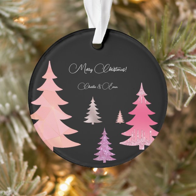 Glitter Pink Black Monogram Ornament (Tree)