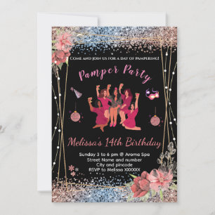 Glitter pink/black teen girls Pamper party invites