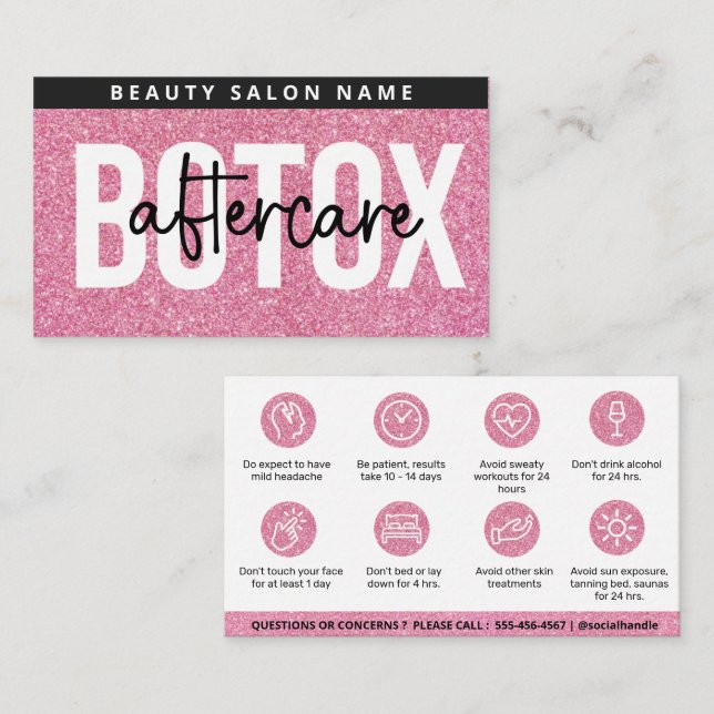 Glitter Pink Botox Filler Instruction Aftercare Business Card (Front/Back)