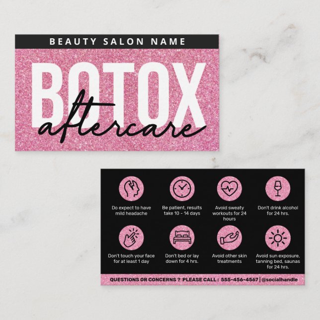 Glitter Pink Botox Filler Instruction Aftercare  Business Card (Front/Back)