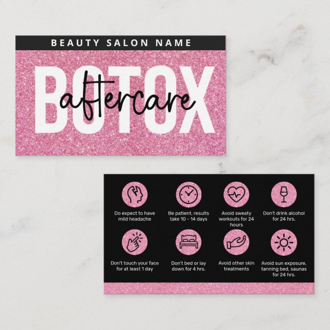 Glitter Pink Botox Filler Instruction Aftercare  Business Card (Front/Back)