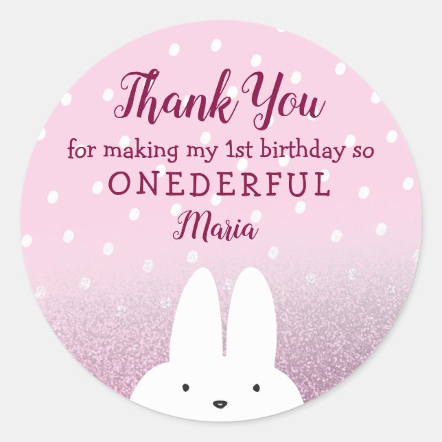 Glitter Pink Bunny Onederland 1st Classic Round Sticker (Front)