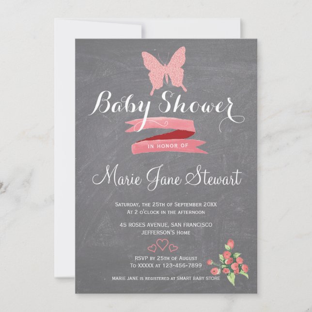 Glitter pink butterfly ribbon baby girl shower invitation (Front)