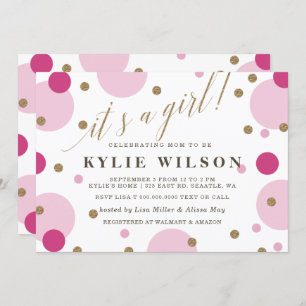 Glitter Pink Confetti Its a Girl Baby Shower Invitation