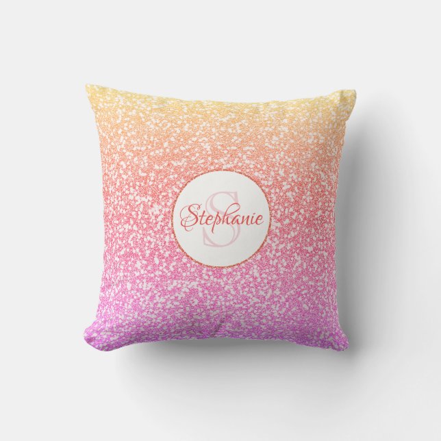 Glitter Pink Coral Rose Gold Round Monogram Cushion (Front)