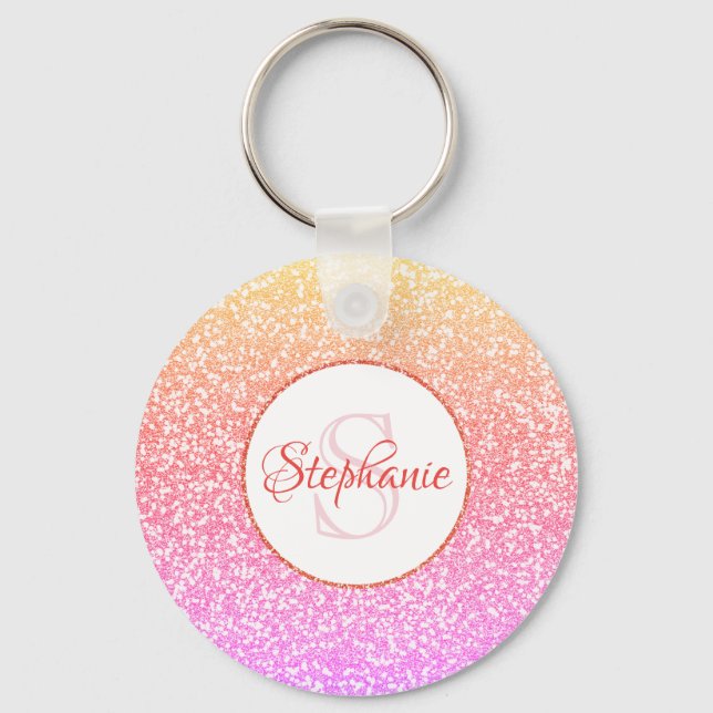 Glitter Pink Coral Rose Gold Round Monogram Key Ring (Front)