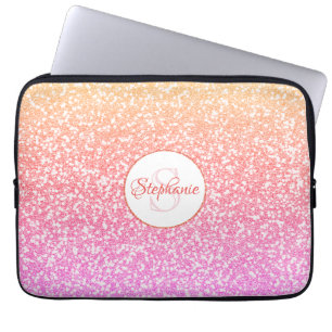 Glitter Pink Coral Rose Gold Round Monogram Laptop Sleeve
