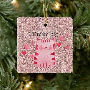 Glitter Pink Cute Cat Hearts  Ceramic Ornament