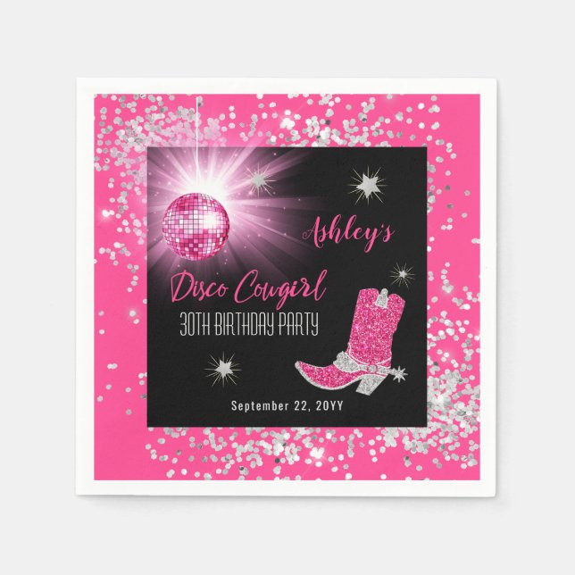 Glitter Pink Disco Cowgirl 30th Birthday Party Napkin (Front)