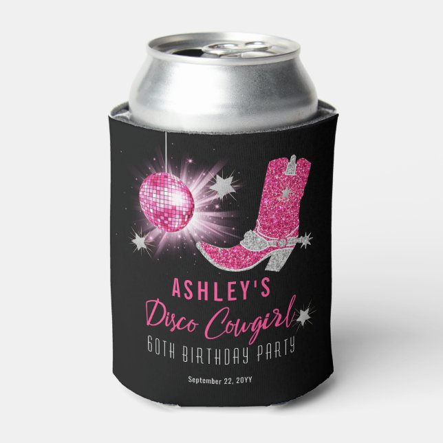 Glitter Pink Disco Cowgirl 60th Birthday Party Can Cooler (Can Front)