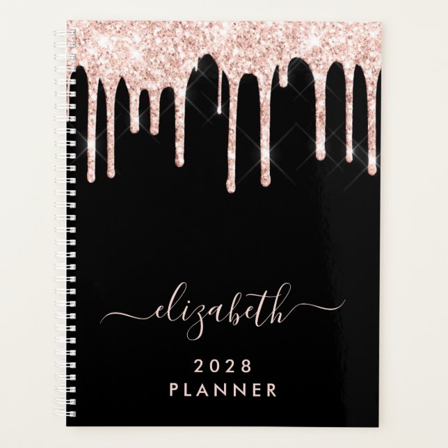 Glitter Pink Drips Personalised Black Planner (Front)