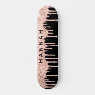Glitter Pink Drips Personalised Black Skateboard
