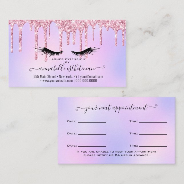 Glitter Pink Eyelash Extension Appointment Busines Business Card (Front/Back)