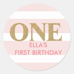 Glitter pink first birthday stickers