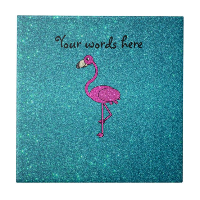 Glitter pink flamingo turquoise glitter ceramic tile (Front)