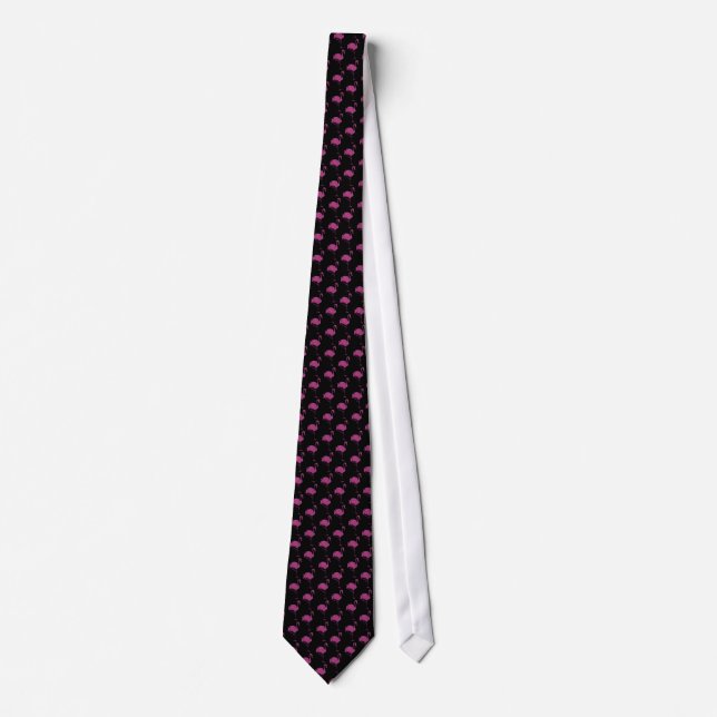 Glitter Pink Flamingos Tiled Pattern On Black Tie (Front)