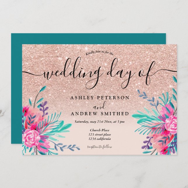 Glitter pink floral greenery watercolor wedding invitation (Front/Back)