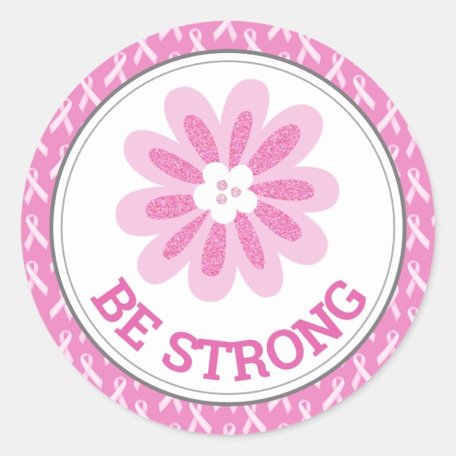 Glitter Pink Flower Breast Cancer Awareness Design Classic Round Sticker (Front)