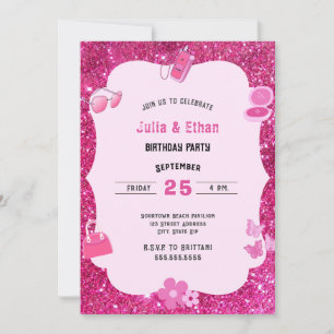 Glitter Pink Girl Baby Shower Elegant Announcement