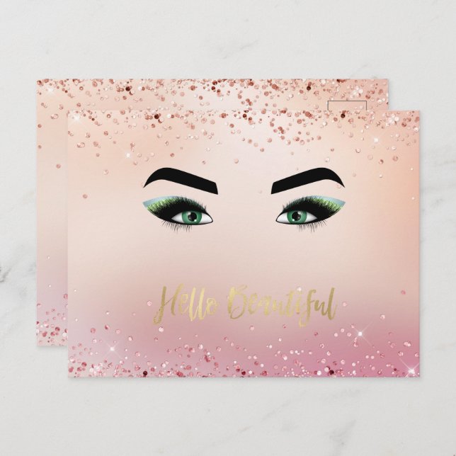 Glitter Pink Green Eyes Eye Lashes Hello Postcard (Front/Back)