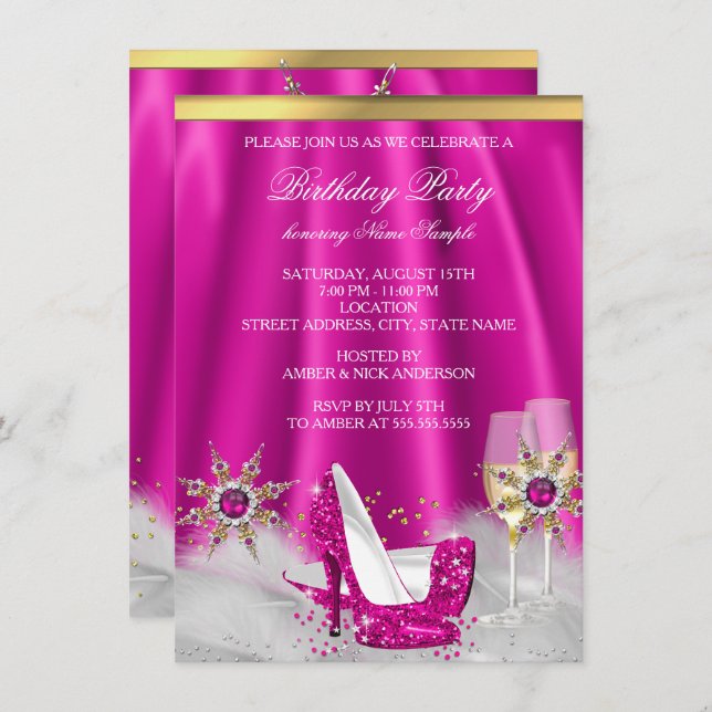 Glitter Pink High Heels Gold Champagne Party Invitation (Front/Back)