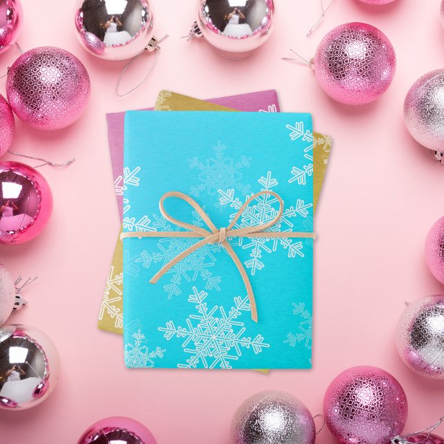 Glitter Pink Icy Blue Golden Snowflakes Christmas Wrapping Paper Sheet (Creator Uploaded)