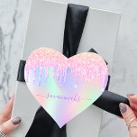Glitter pink iridescent rose gold rainbow birthday heart sticker<br><div class="desc">A trendy iridescent background with unicorn and rainbow pastel colours in pink, purple, rose gold, mint green. Decorated with faux glitter drips in rose gold, pink and purple. Purple coloured letters. Personalise and add your name written with a mothern hand lettered style script. Perfect for a birthday party, bridal shower...</div>