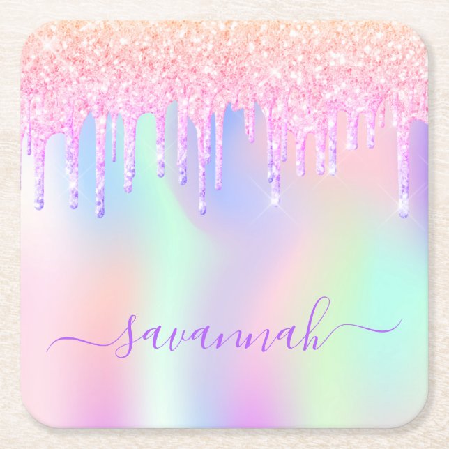 Glitter pink iridescent rose gold rainbow birthday square paper coaster (Front)