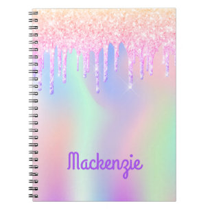 Glitter pink iridescent unicorn girl name notebook