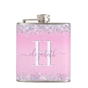 Glitter Pink Monogram Hip Flask