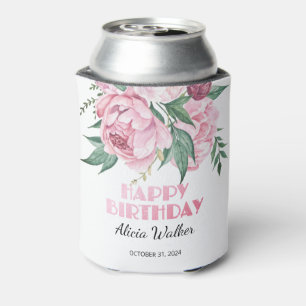 Glitter Pink Peony Floral Greenery Birthday Can Cooler
