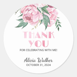 Glitter Pink Peony Floral Greenery Birthday Classic Round Sticker