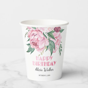 Glitter Pink Peony Floral Greenery Birthday Paper Cups