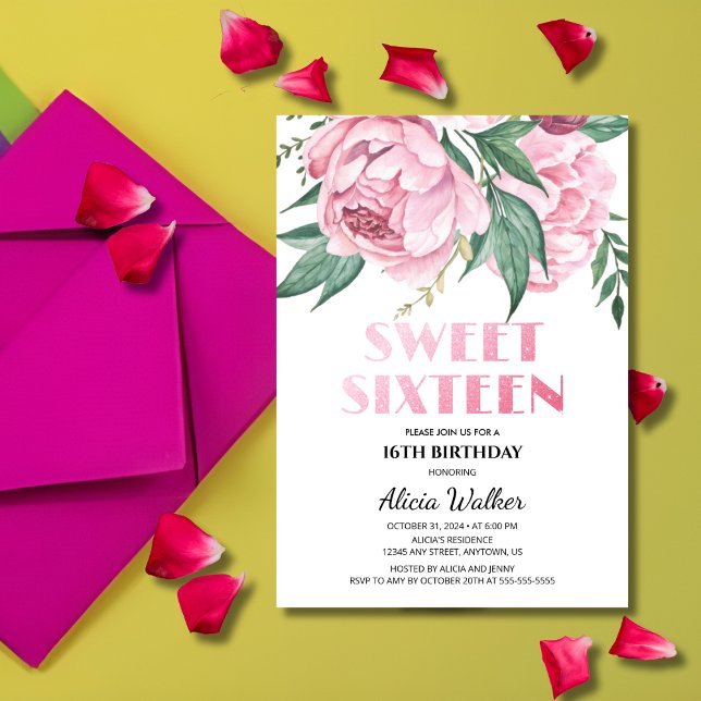 Glitter Pink Peony Floral Sweeet 16th Birthday  Invitation (Creator Uploaded)