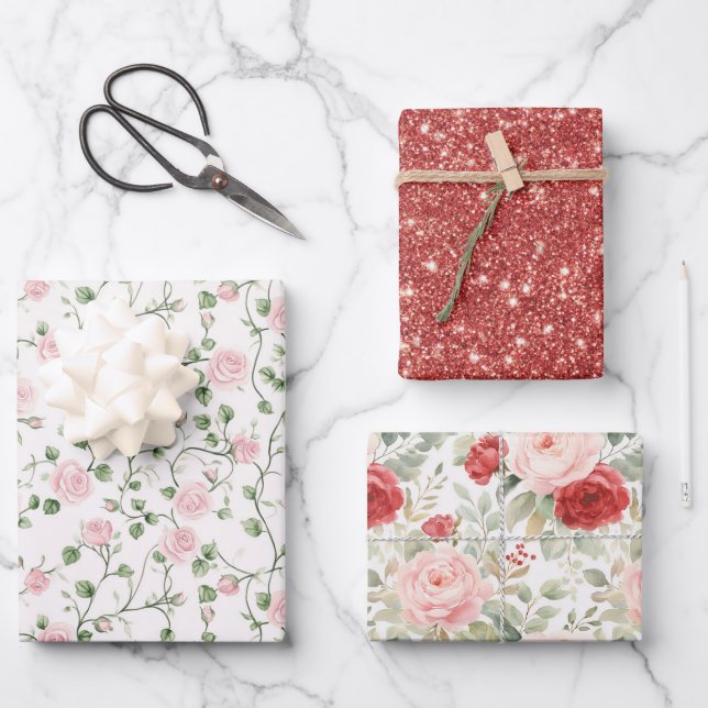 Glitter Pink Red Roses Floral Bridal Shower Wrapping Paper Sheet (Front)