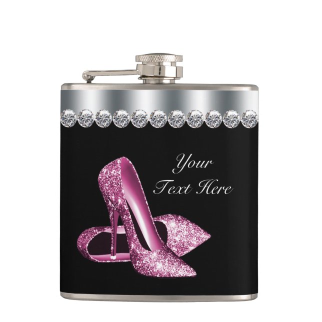 Glitter Pink Shoes Pink and Black Hip Flask (Front)