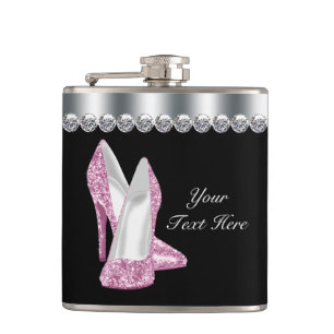 Glitter Pink Shoes Pink and Black Hip Flask