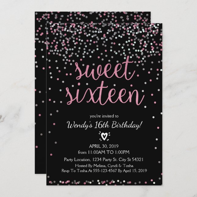 Glitter Pink & Silver Sweet 16 Birthday Invitation (Front/Back)