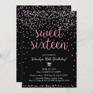 Glitter Pink & Silver Sweet 16 Birthday Invitation