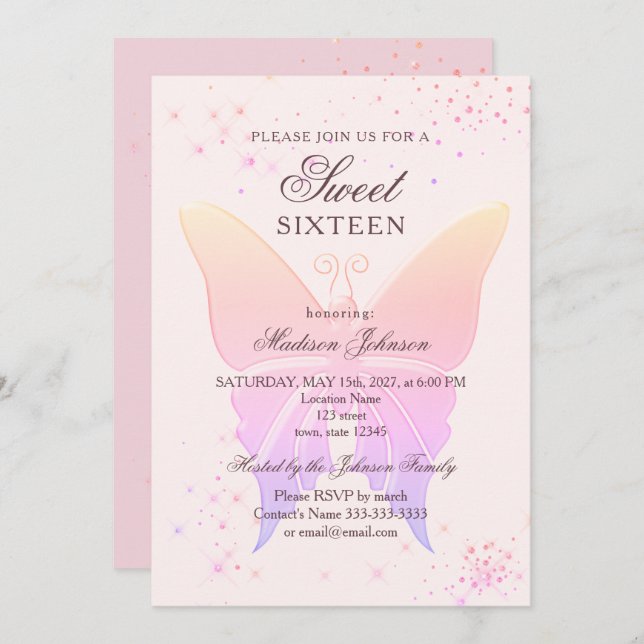 Glitter Pink Sweet 16 Birthday Invitation (Front/Back)