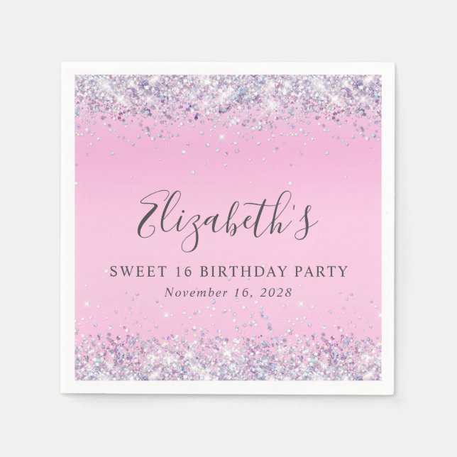 Glitter Pink Sweet 16 Birthday Party Napkin (Front)