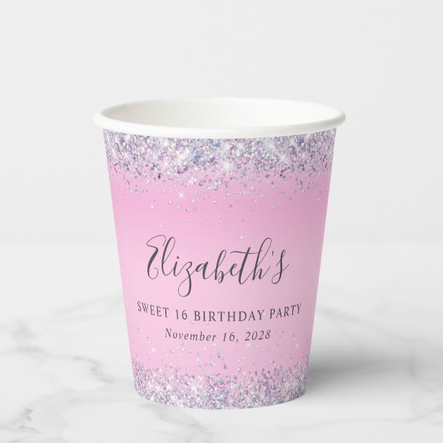 Glitter Pink Sweet 16 Birthday Party Paper Cups (Front)