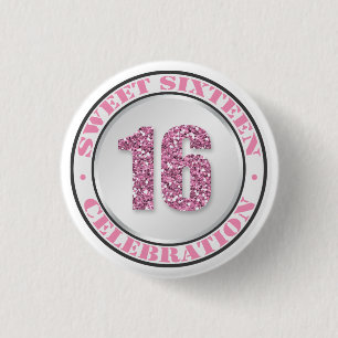 Glitter Pink Sweet 16 Celebration Buttons